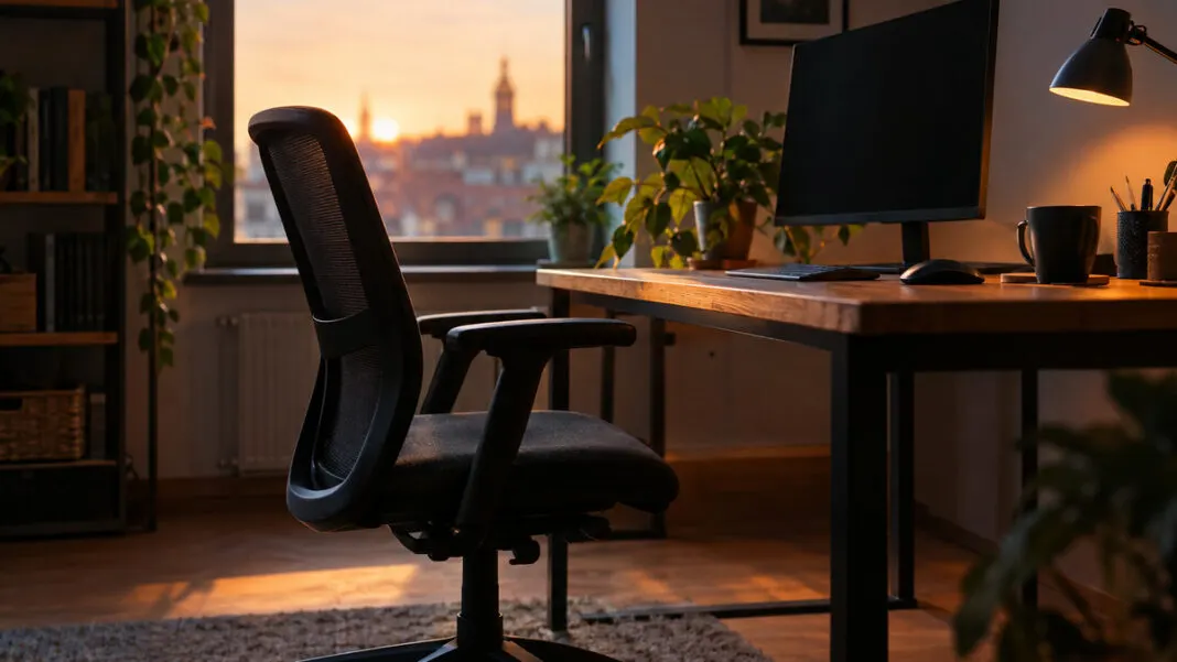 Leerer Bürostuhl an einem Schreibtisch mit ausgeschaltetem Bildschirm
