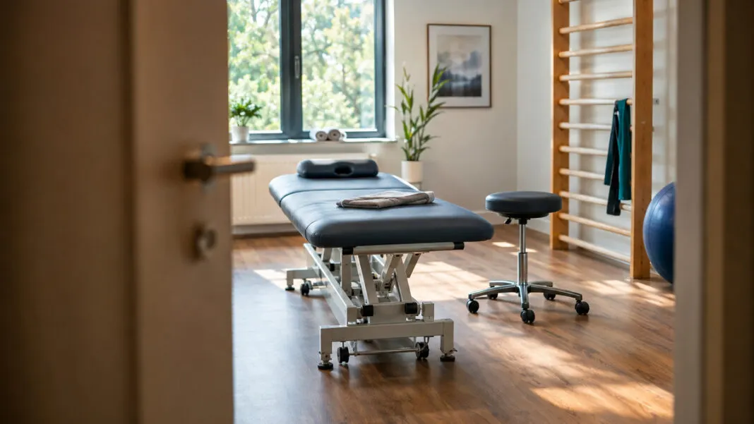 Leere Behandlungsliege und Rollhocker in einem Physiotherapieraum
