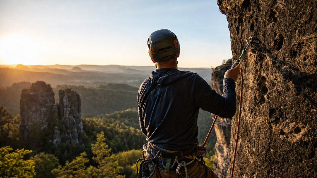 Kletterer sichert sich mit Seil und Karabiner an einer Sandsteinwand Kletterer sichert sich mit Seil und Karabiner an einer Sandsteinwand