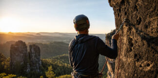 Kletterer sichert sich mit Seil und Karabiner an einer Sandsteinwand