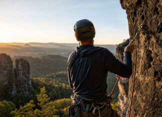 Kletterer sichert sich mit Seil und Karabiner an einer Sandsteinwand