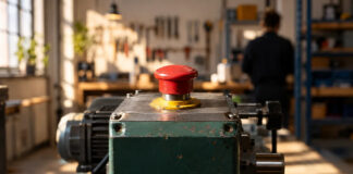 Roter Not-Aus-Schalter an einer unmarkierten Maschine in einer kleinen Werkstatt.