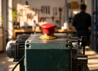 Roter Not-Aus-Schalter an einer unmarkierten Maschine in einer kleinen Werkstatt.
