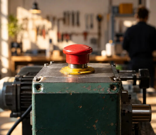 Roter Not-Aus-Schalter an einer unmarkierten Maschine in einer kleinen Werkstatt.
