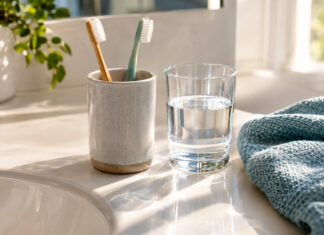 Waschbeckenablage mit Zahnputzbecher, Handtuch und Wasserglas im Morgenlicht