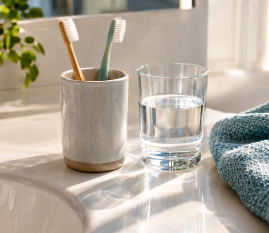 Waschbeckenablage mit Zahnputzbecher, Handtuch und Wasserglas im Morgenlicht