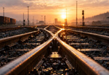 Mehrere Eisenbahnschienen laufen über gusseiserne Weichen in einem einzigen Gleis zusammen, nasser Schotter, tiefe Morgensonne im Gegenlicht