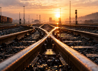 Mehrere Eisenbahnschienen laufen über gusseiserne Weichen in einem einzigen Gleis zusammen, nasser Schotter, tiefe Morgensonne im Gegenlicht