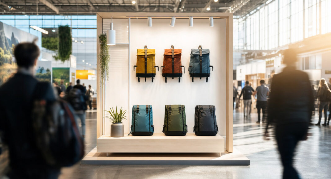 Kleiner Startup-Messestand in einer großen internationalen Messehalle