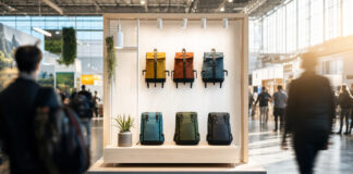 Kleiner Startup-Messestand in einer großen internationalen Messehalle