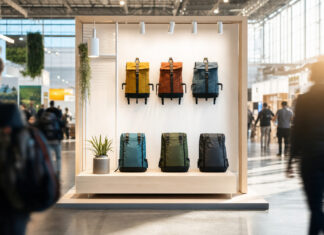 Kleiner Startup-Messestand in einer großen internationalen Messehalle