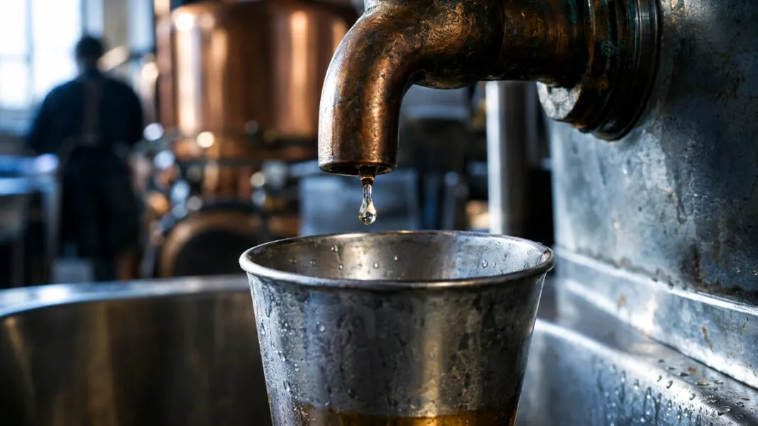 Ein Kupferhahn tropft in einen zinnernen Becher, der zu einem Drittel gefüllt ist