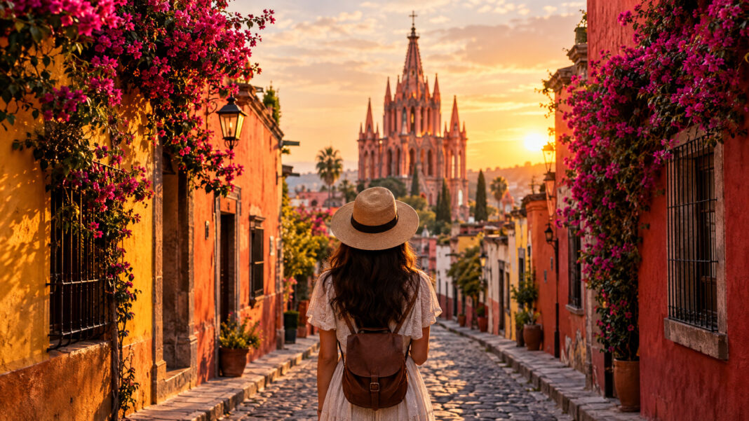 Gasse mit bunten Kolonialhäusern und Bougainvillea in San Miguel de Allende, im Hintergrund die rosa Kirche Parroquia
