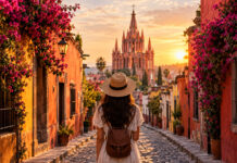 Gasse mit bunten Kolonialhäusern und Bougainvillea in San Miguel de Allende, im Hintergrund die rosa Kirche Parroquia