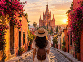 Gasse mit bunten Kolonialhäusern und Bougainvillea in San Miguel de Allende, im Hintergrund die rosa Kirche Parroquia