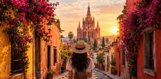 Gasse mit bunten Kolonialhäusern und Bougainvillea in San Miguel de Allende, im Hintergrund die rosa Kirche Parroquia