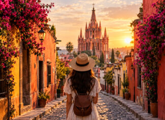 Gasse mit bunten Kolonialhäusern und Bougainvillea in San Miguel de Allende, im Hintergrund die rosa Kirche Parroquia