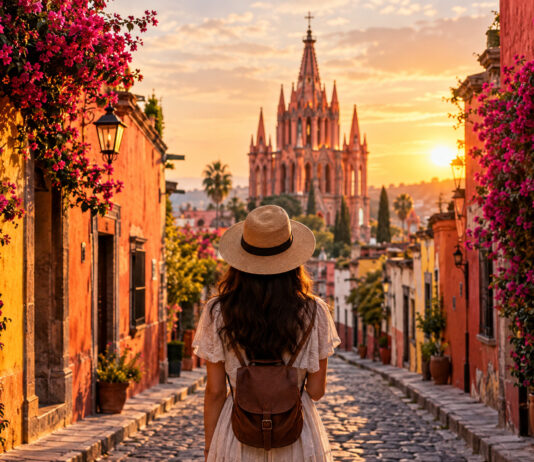 Gasse mit bunten Kolonialhäusern und Bougainvillea in San Miguel de Allende, im Hintergrund die rosa Kirche Parroquia
