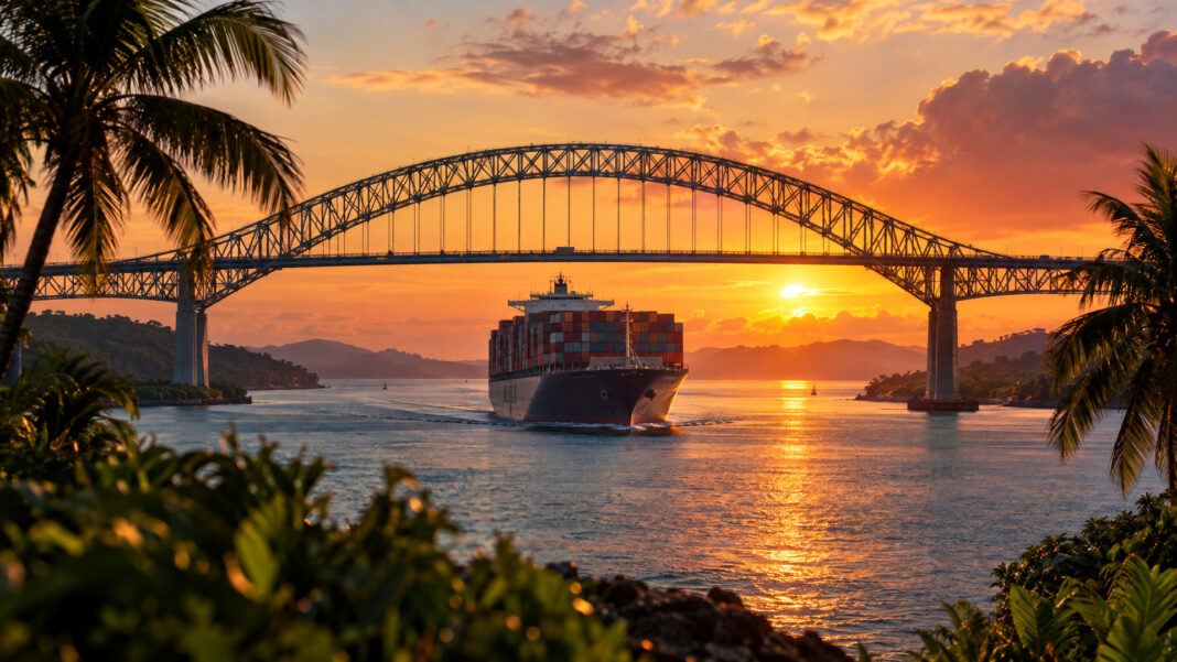 Auswandern nach Panama Containerschiff fährt bei Sonnenuntergang unter der Brücke der Amerikas in den Panamakanal