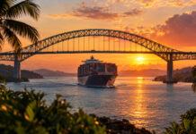 Containerschiff fährt bei Sonnenuntergang unter der Brücke der Amerikas in den Panamakanal