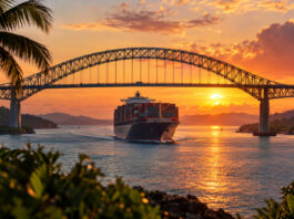 Containerschiff fährt bei Sonnenuntergang unter der Brücke der Amerikas in den Panamakanal