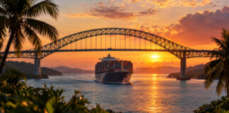 Containerschiff fährt bei Sonnenuntergang unter der Brücke der Amerikas in den Panamakanal
