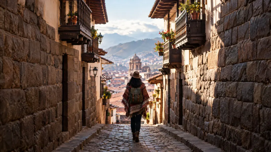 Gasse in Cusco mit Mauern aus Steinquadern und hölzernen Balkonen im Morgenlicht
