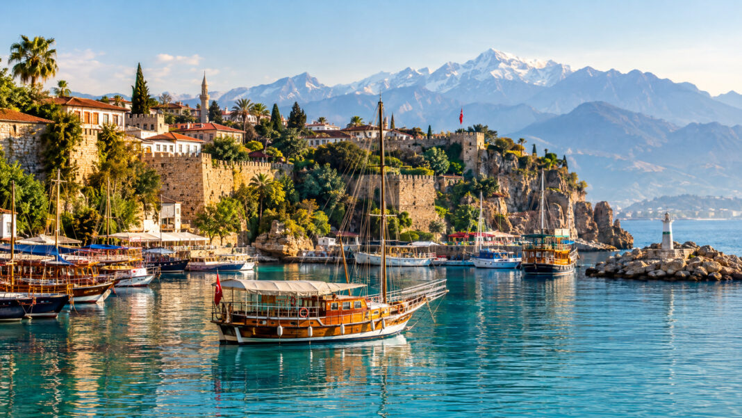 Der alte Hafen Kaleiçi in Antalya mit Holzbooten, Stadtmauer und dem Taurusgebirge im Hintergrund