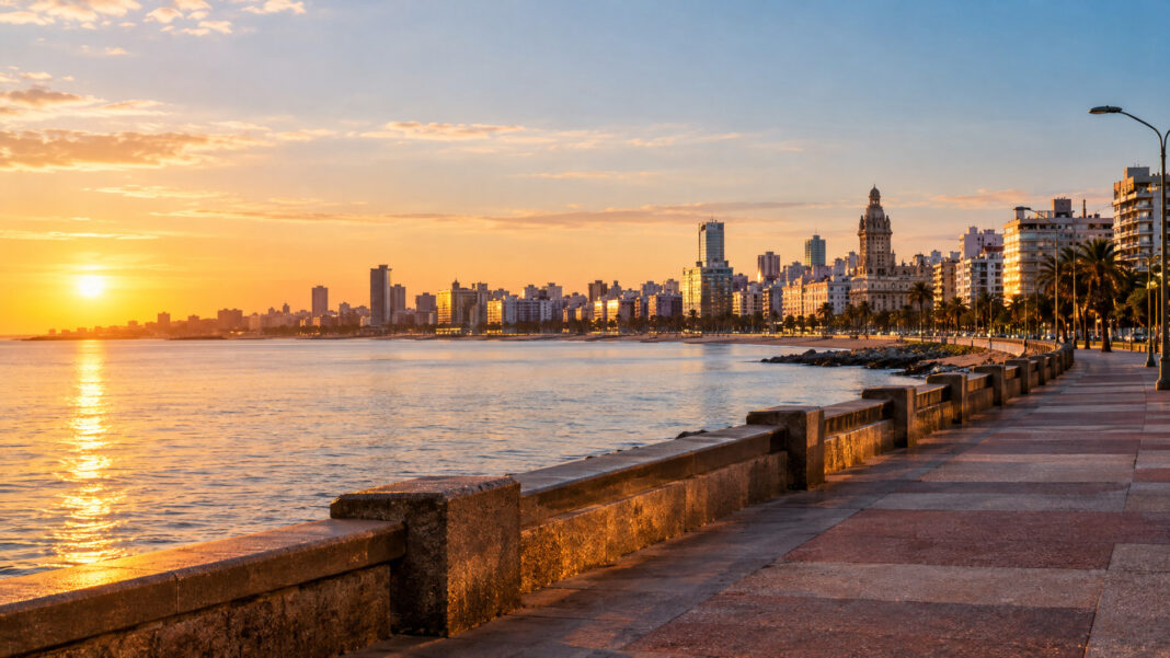 Auswandern nach Uruguay, Rambla Montevideo Die Rambla von Montevideo am Río de la Plata bei Sonnenuntergang mit der Skyline und dem Palacio Salvo