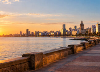 Die Rambla von Montevideo am Río de la Plata bei Sonnenuntergang mit der Skyline und dem Palacio Salvo
