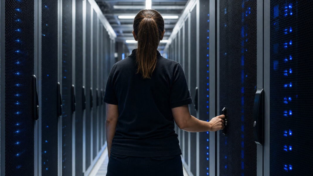 Technikerin schließt im Rechenzentrum eine vergitterte Server-Tür ab