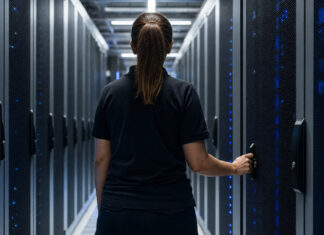 Technikerin schließt im Rechenzentrum eine vergitterte Server-Tür ab