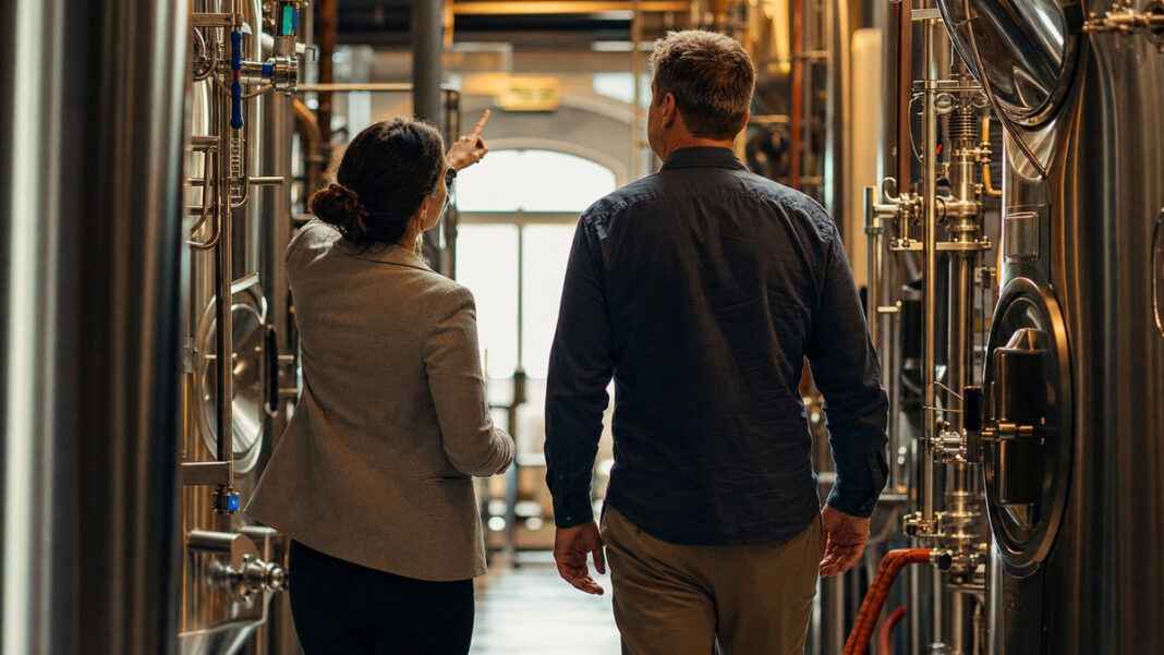 Beraterin und Inhaber gehen durch eine kleine Brauerei mit Edelstahltanks Beraterin und Inhaber gehen durch eine kleine Brauerei mit Edelstahltanks