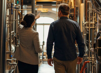 Beraterin und Inhaber gehen durch eine kleine Brauerei mit Edelstahltanks