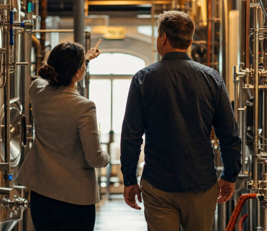 Beraterin und Inhaber gehen durch eine kleine Brauerei mit Edelstahltanks