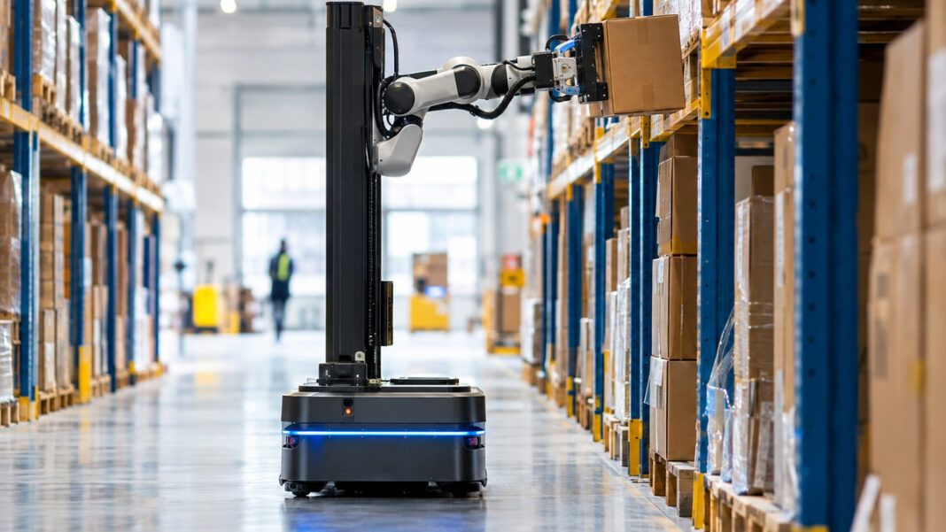 Lagerroboter Lagerroboter greift einen Karton aus einem Hochregal