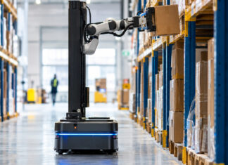 Lagerroboter greift einen Karton aus einem Hochregal