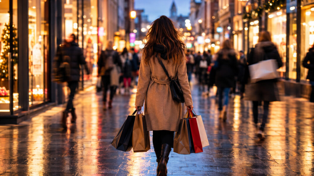 Einkaufsstraße am Abend mit Menschen und Einkaufstüten