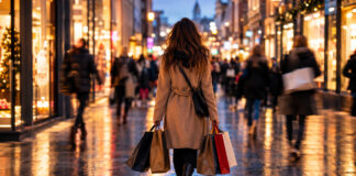 Einkaufsstraße am Abend mit Menschen und Einkaufstüten