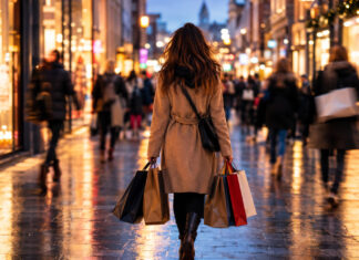 Black Friday in Deutschland – ein Rückblick Einkaufsstraße am Abend mit Menschen und Einkaufstüten