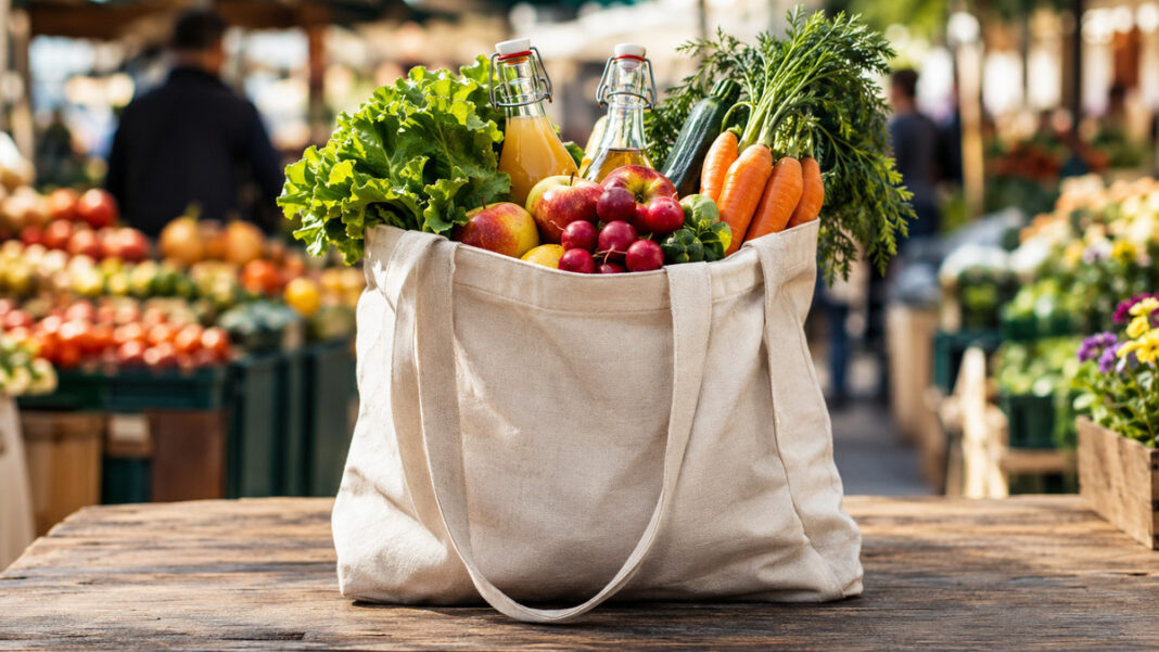 Nachhaltig einkaufen Stoffbeutel mit Obst und Gemüse am Wochenmarkt