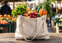 Nachhaltig online shoppen mit Monagoo Stoffbeutel mit Obst und Gemüse am Wochenmarkt