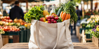 Stoffbeutel mit Obst und Gemüse am Wochenmarkt
