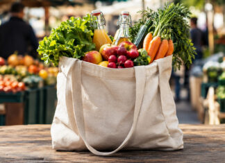 Stoffbeutel mit Obst und Gemüse am Wochenmarkt