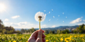 Pusteblume vor blauem Frühlingshimmel