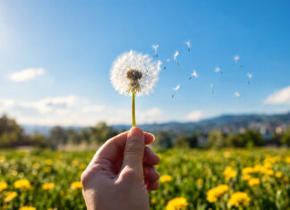 Pusteblume vor blauem Frühlingshimmel