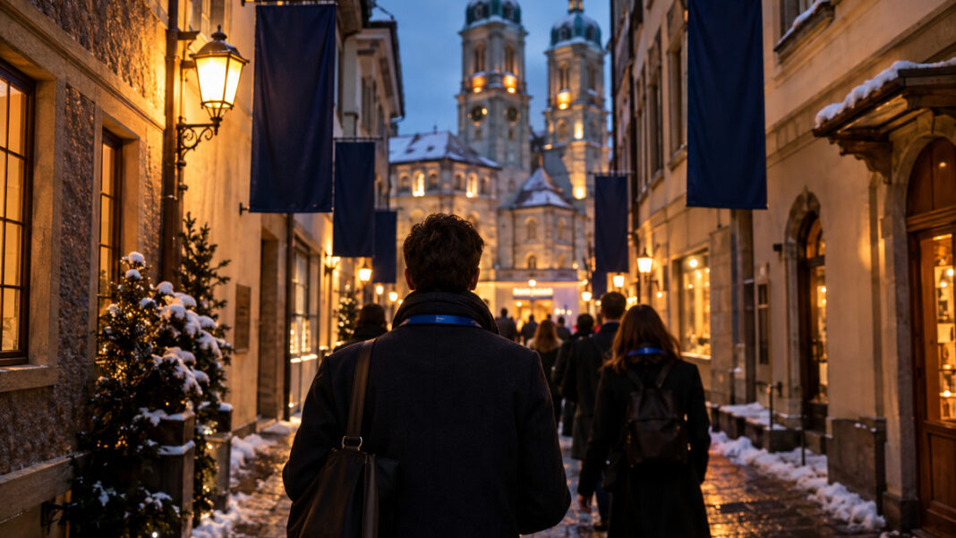 START Summit St. Gallen, Altstadt am Abend Besucher mit Konferenz-Umhängebändern in einer verschneiten Altstadtgasse in St. Gallen am Abend