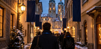 Besucher mit Konferenz-Umhängebändern in einer verschneiten Altstadtgasse in St. Gallen am Abend