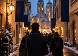 Besucher mit Konferenz-Umhängebändern in einer verschneiten Altstadtgasse in St. Gallen am Abend