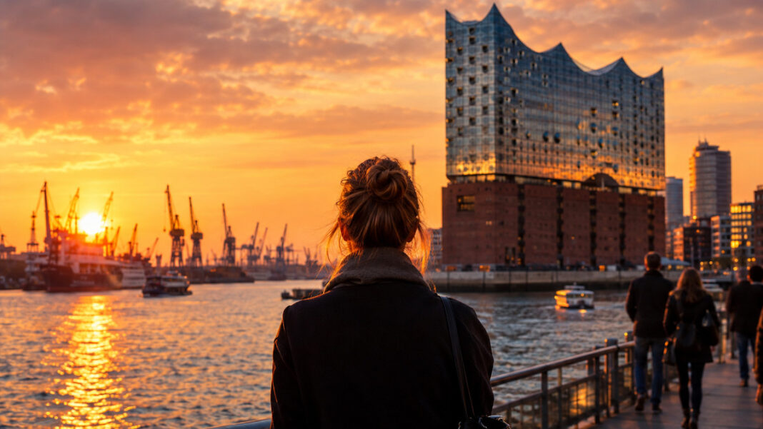 Elbphilharmonie und Hamburger Hafen in der Abendsonne